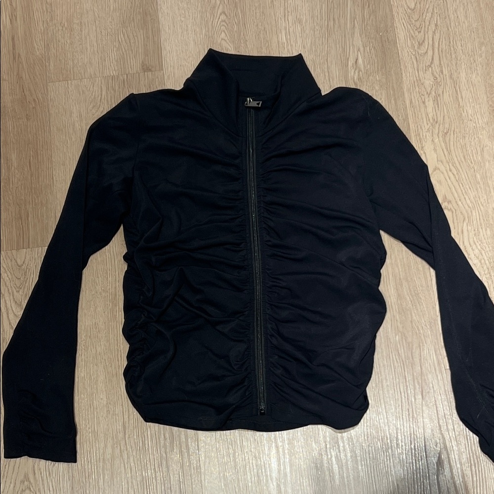Ruched Zip-Front Black Women's Top